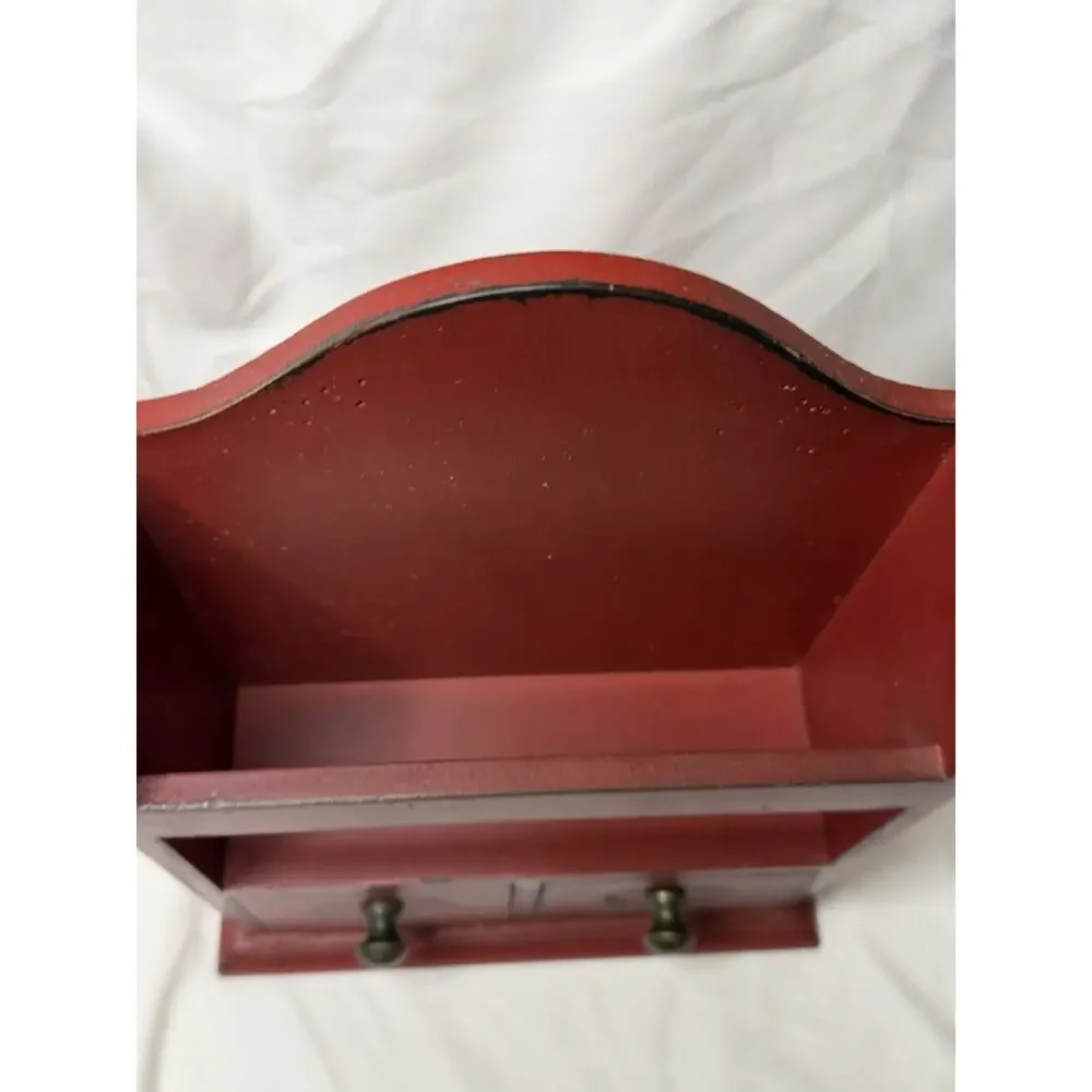 Vintage Red Wall Hanging Wooden Double Drawer Mini Cabinet Shelf Farmhouse Decor